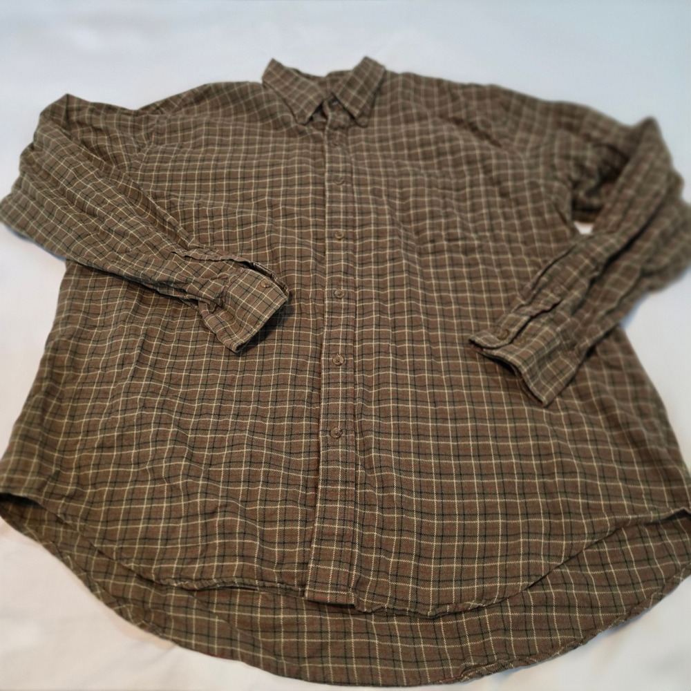 Lands End Button Down Shirt Mens XL Olive Green Excellent Plaid Long Sleeve
